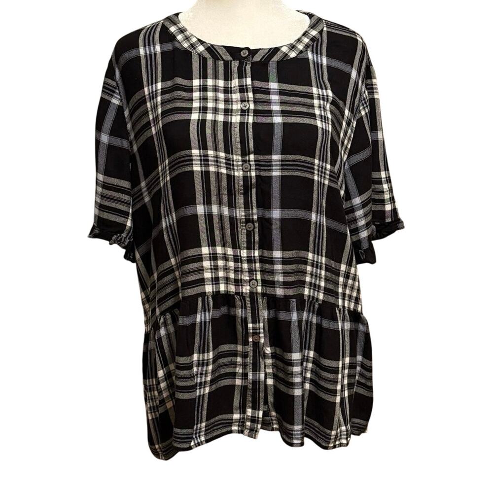 LOFT Size XL Plaid Blouse Top Peplum Hem Button Front Academia